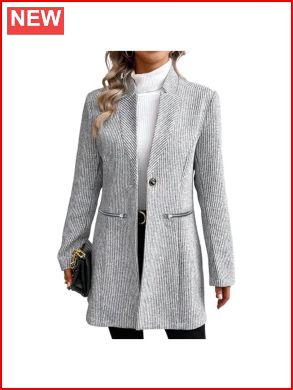 Women's Grey Herringbone Tweed Mid-Long Pea Coat Single Button Stand Collar